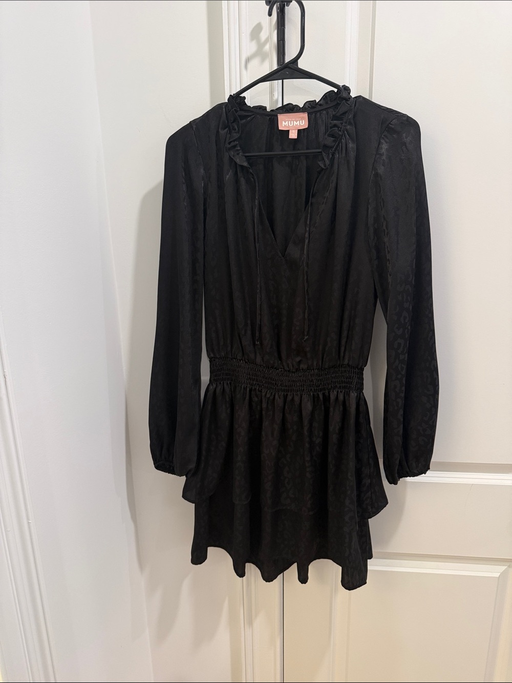 Show Me Your MuMu Black Long Sleeve Ruffle Neck Smocked Waist Dress